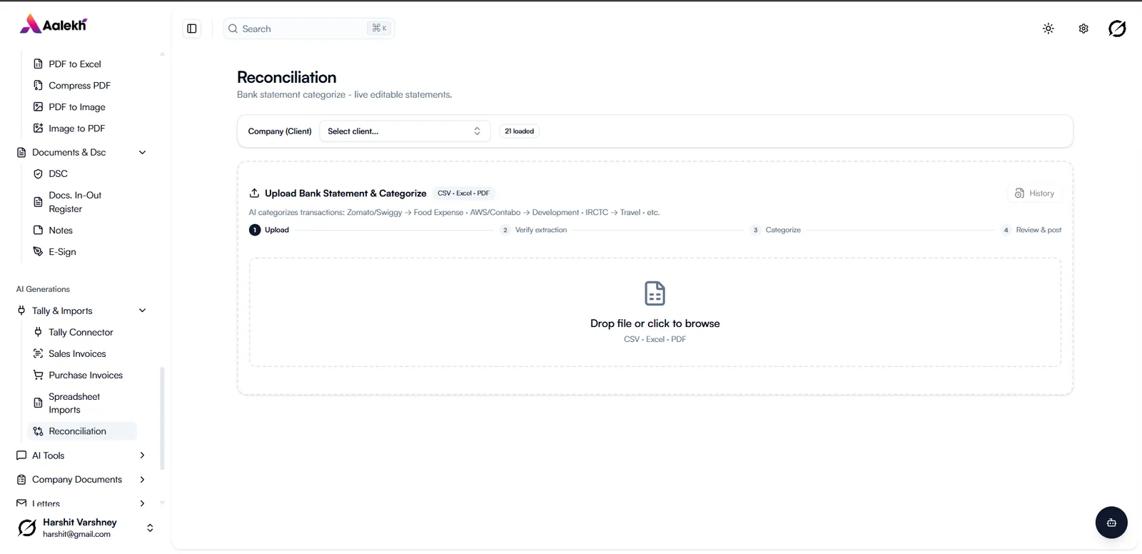 Bank statement upload and categorisation workflow