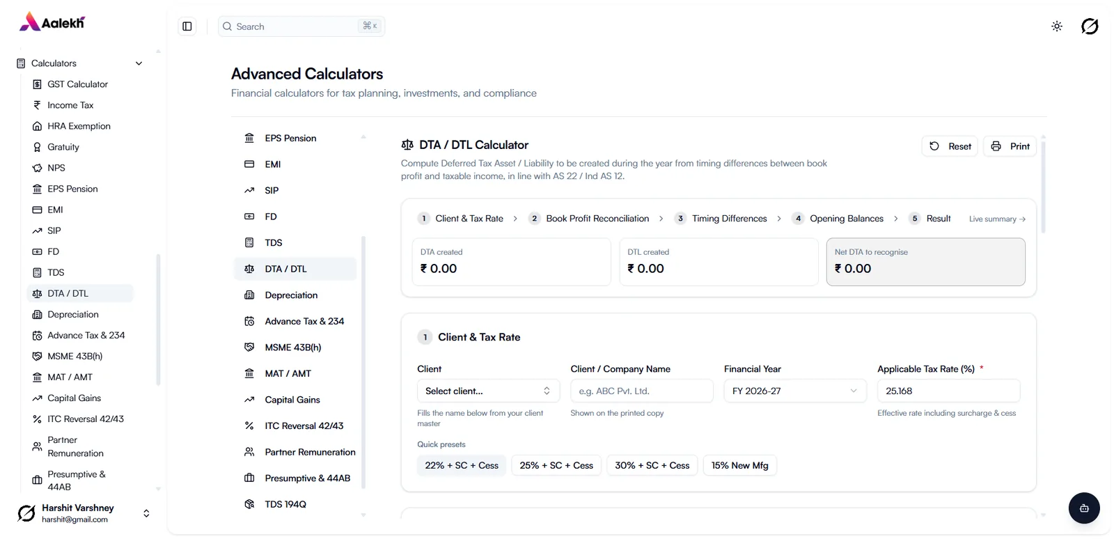 Advanced calculators with the DTA/DTL calculator open