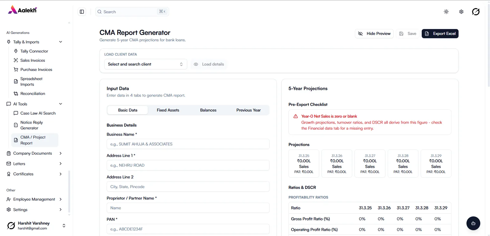 CMA report generator showing five-year projections and ratios