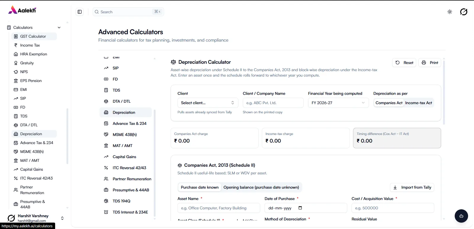 Depreciation calculator under Companies Act and Income-tax Act