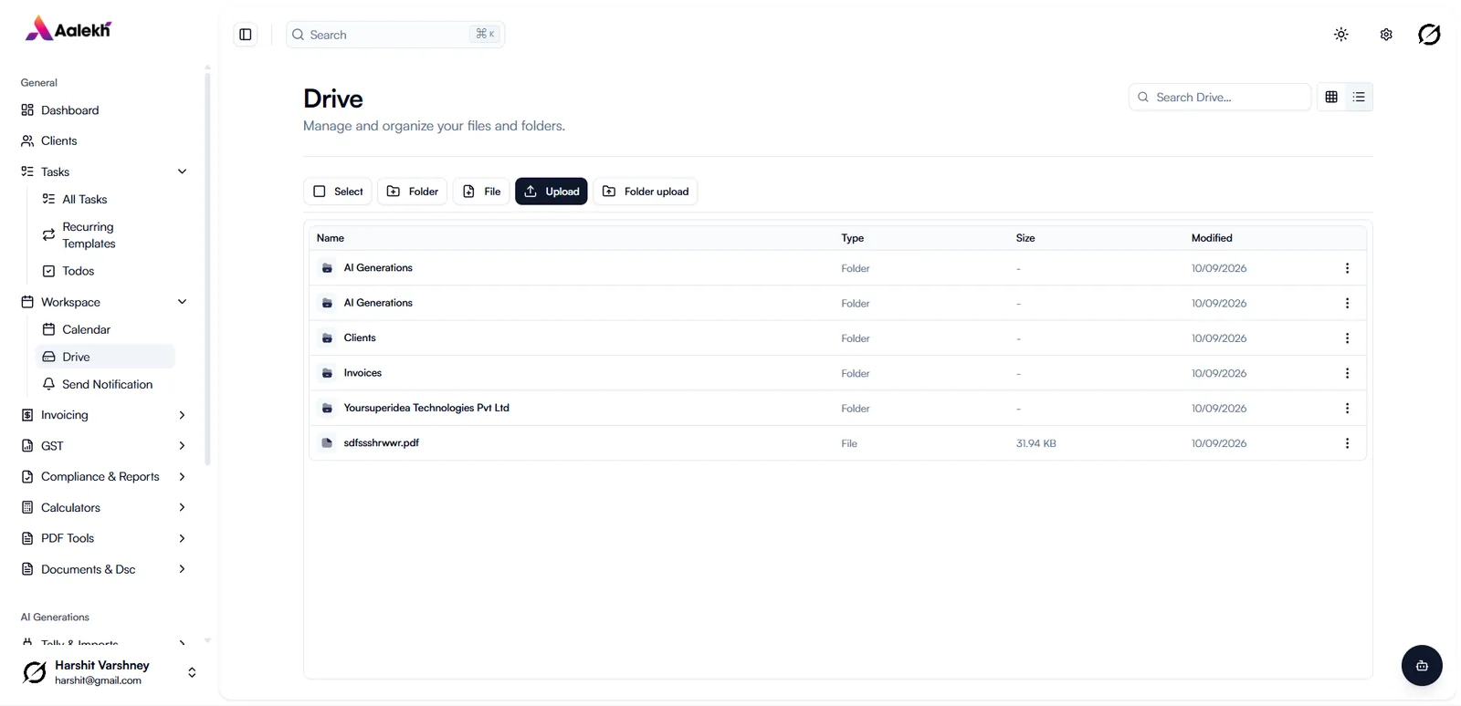 Drive showing client folders and uploaded documents
