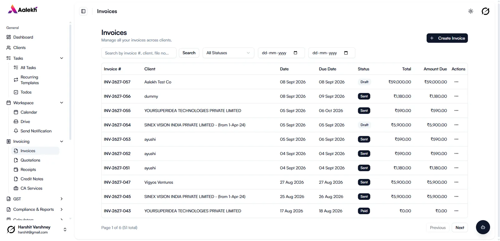 Invoice register showing status, totals and amounts due per client
