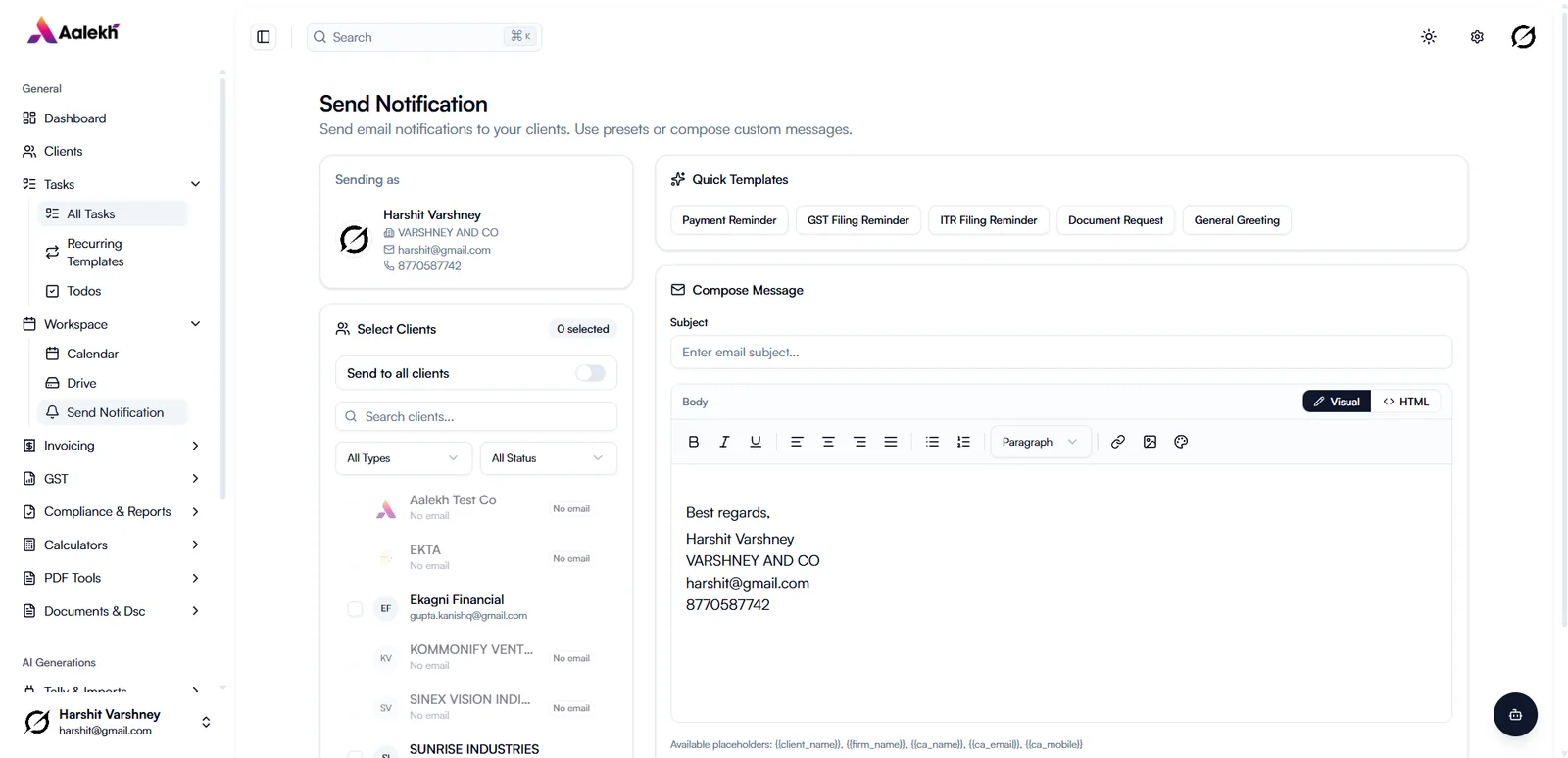Send notification screen with quick templates and client selection