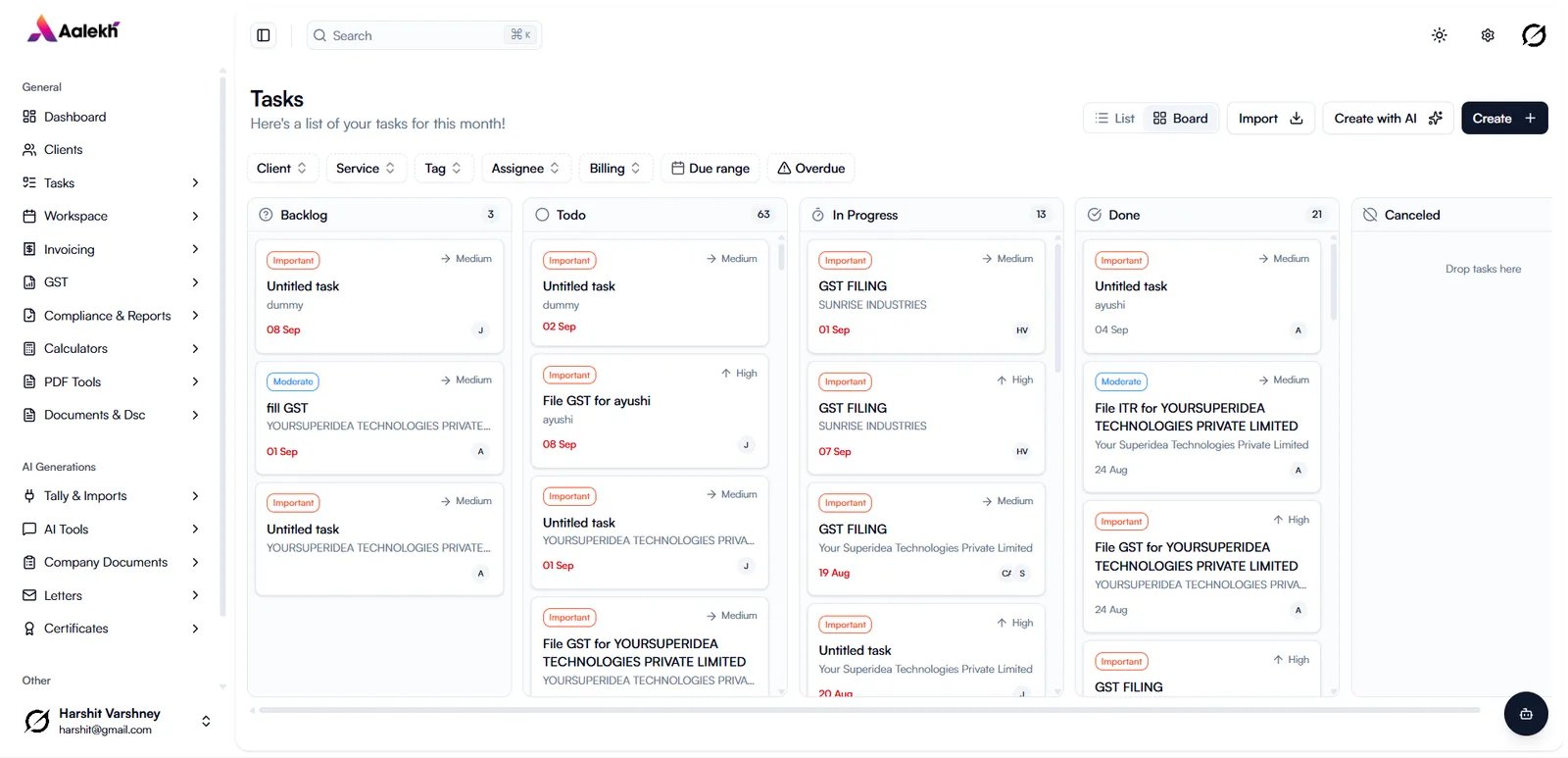 Task board with backlog, todo, in progress and done columns
