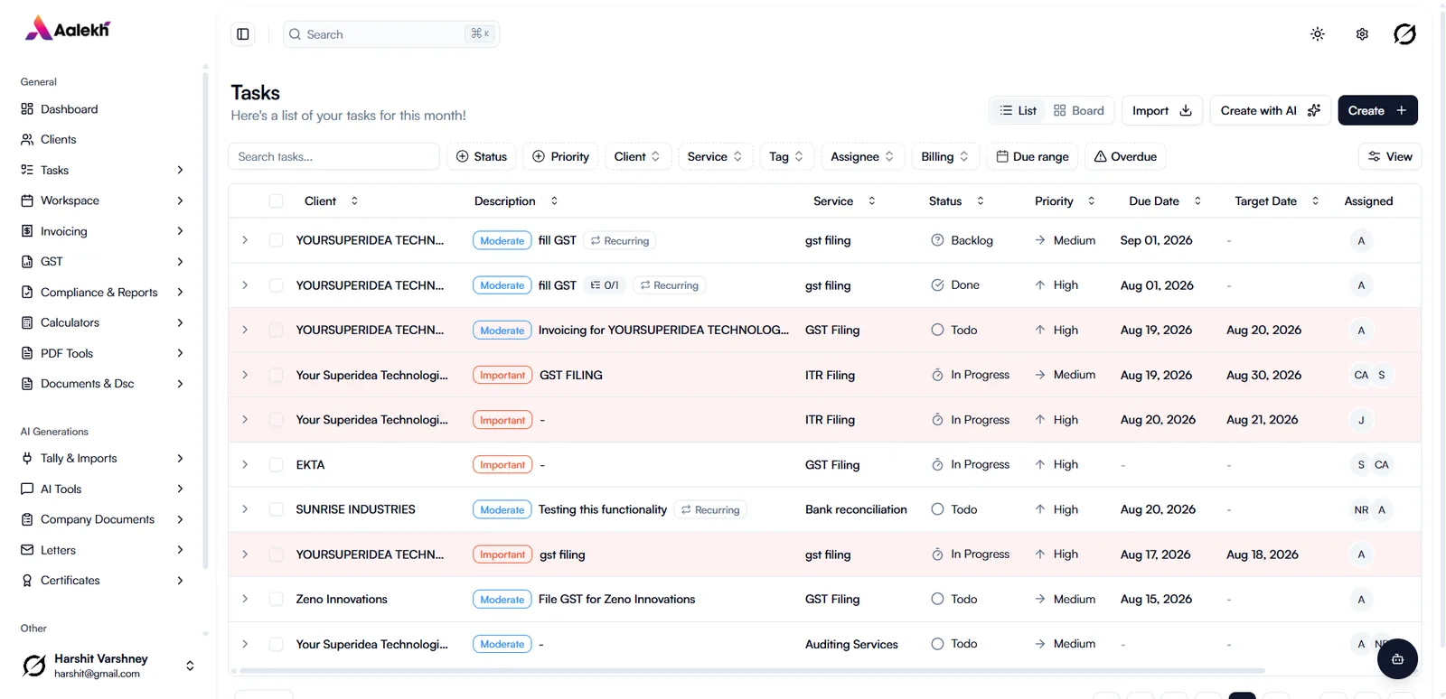 Task list filtered by client, service, assignee and billing status