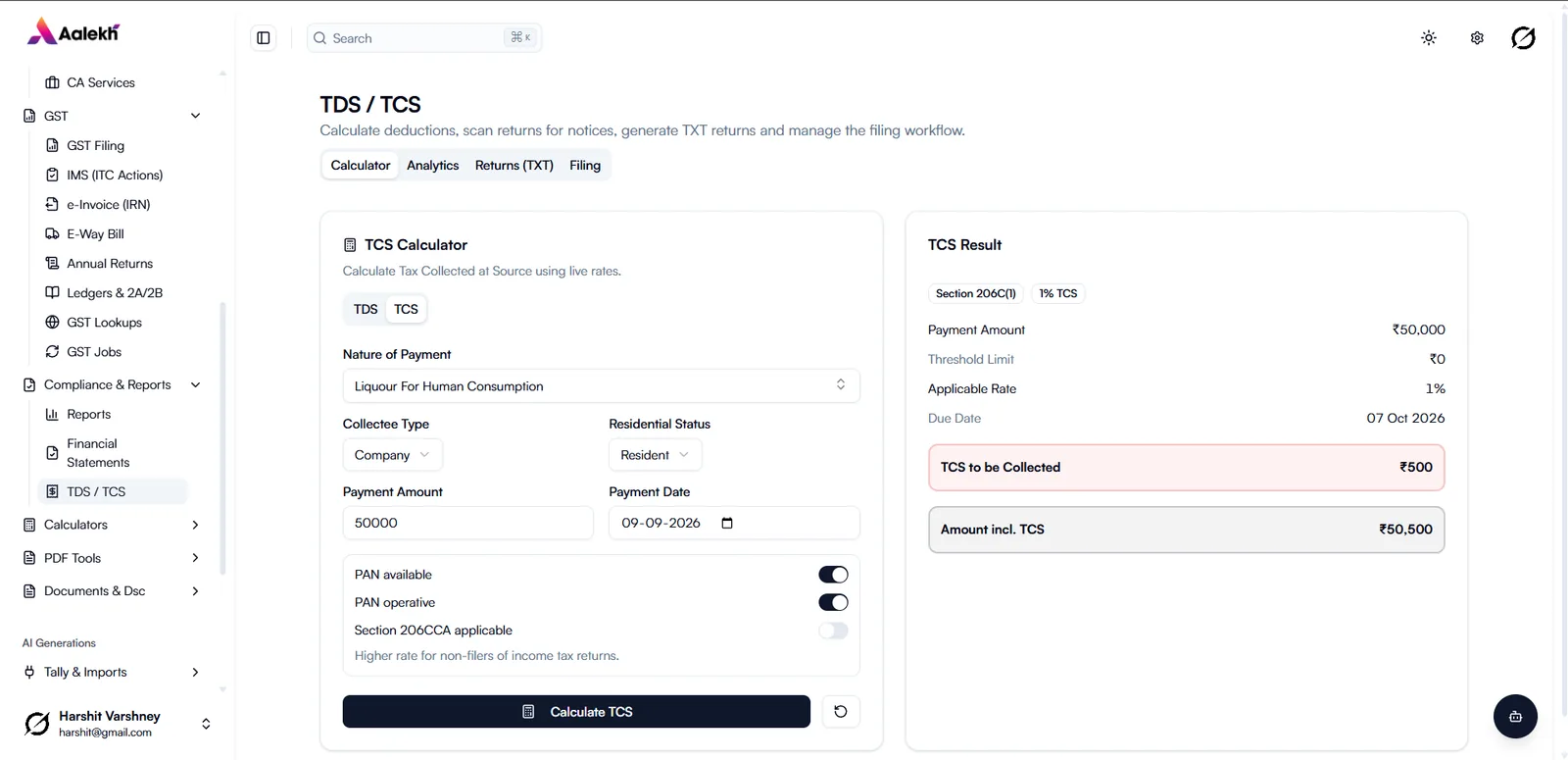 TCS calculator showing section, rate, threshold and due date
