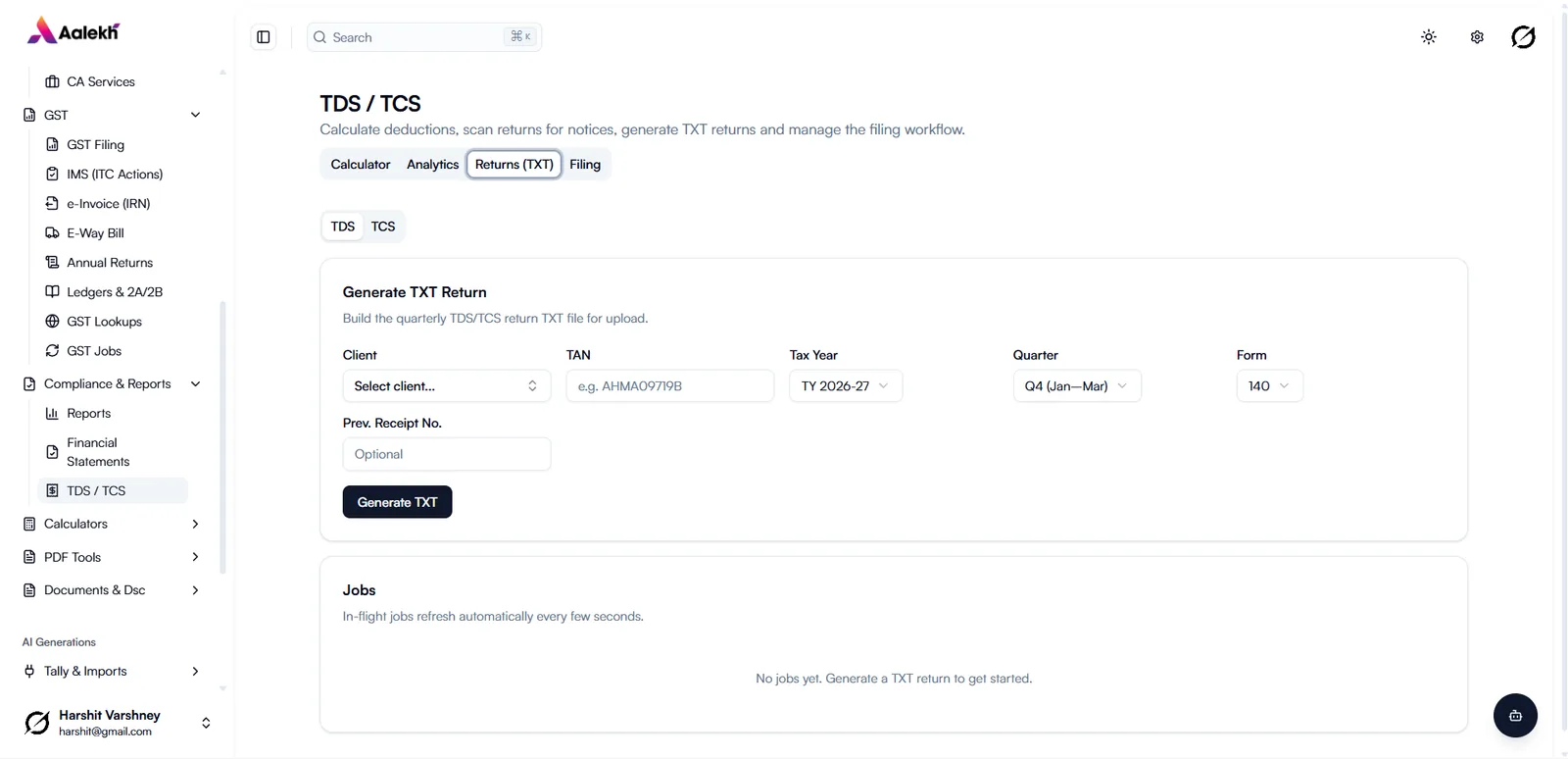 TDS and TCS return generator producing a quarterly TXT file